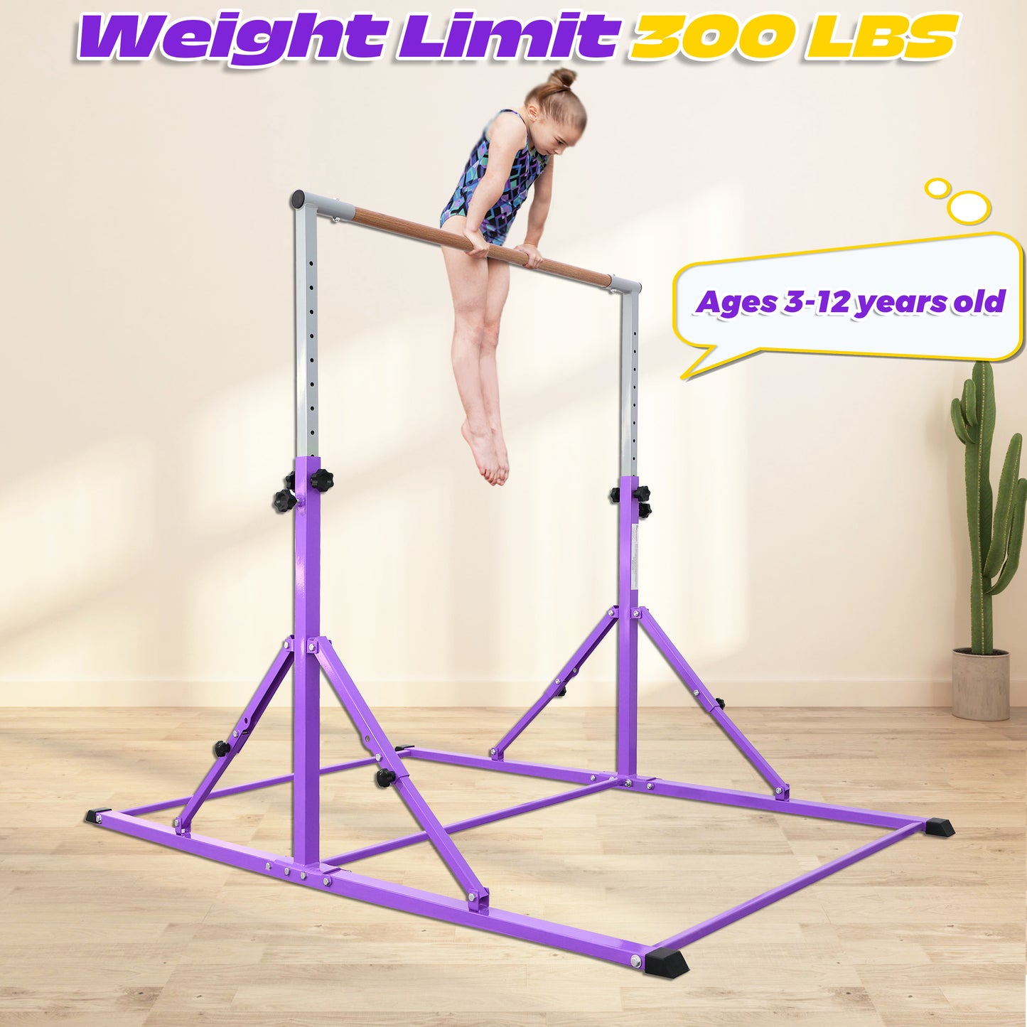 PreGymnastic Foldable Gymnastics Bar for Kids Ages 3-12 Years Old in Violet