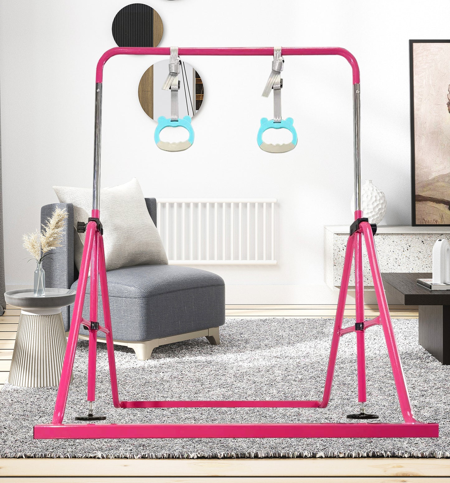 PreGymnastic Folding Gymnastics Bar for Kids Ages 3-8 Years Old with Rings in Hot Purple