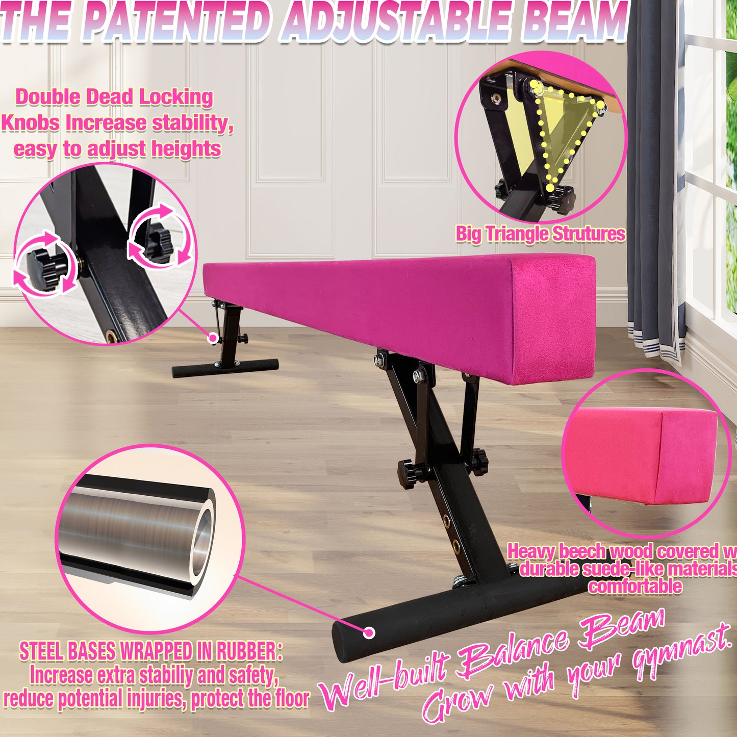 8ft Adjustable Balance Beam for Kids and Teenagers, Adjustable Heights 9"-17"