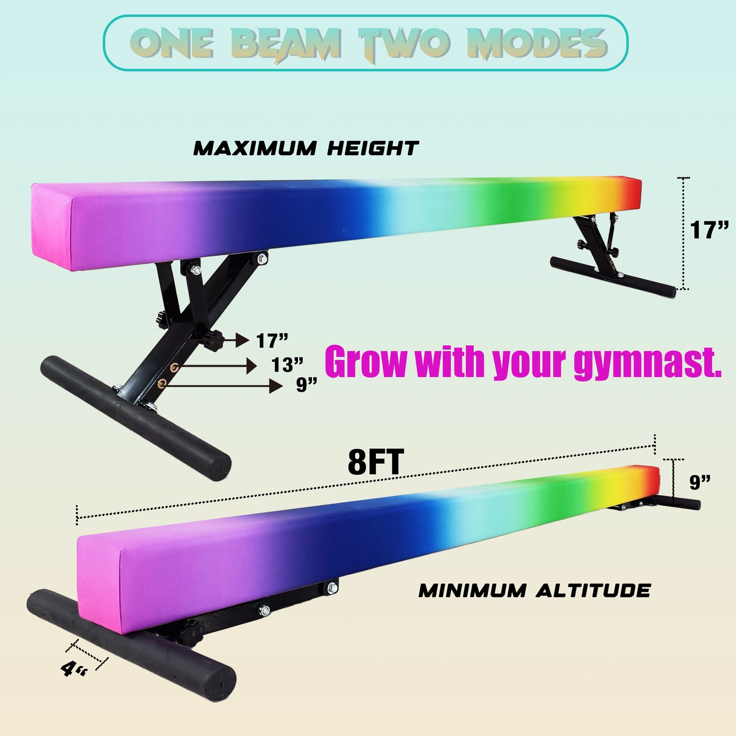 8ft Adjustable Balance Beam for Kids and Teenagers, Adjustable Heights 9"-17"
