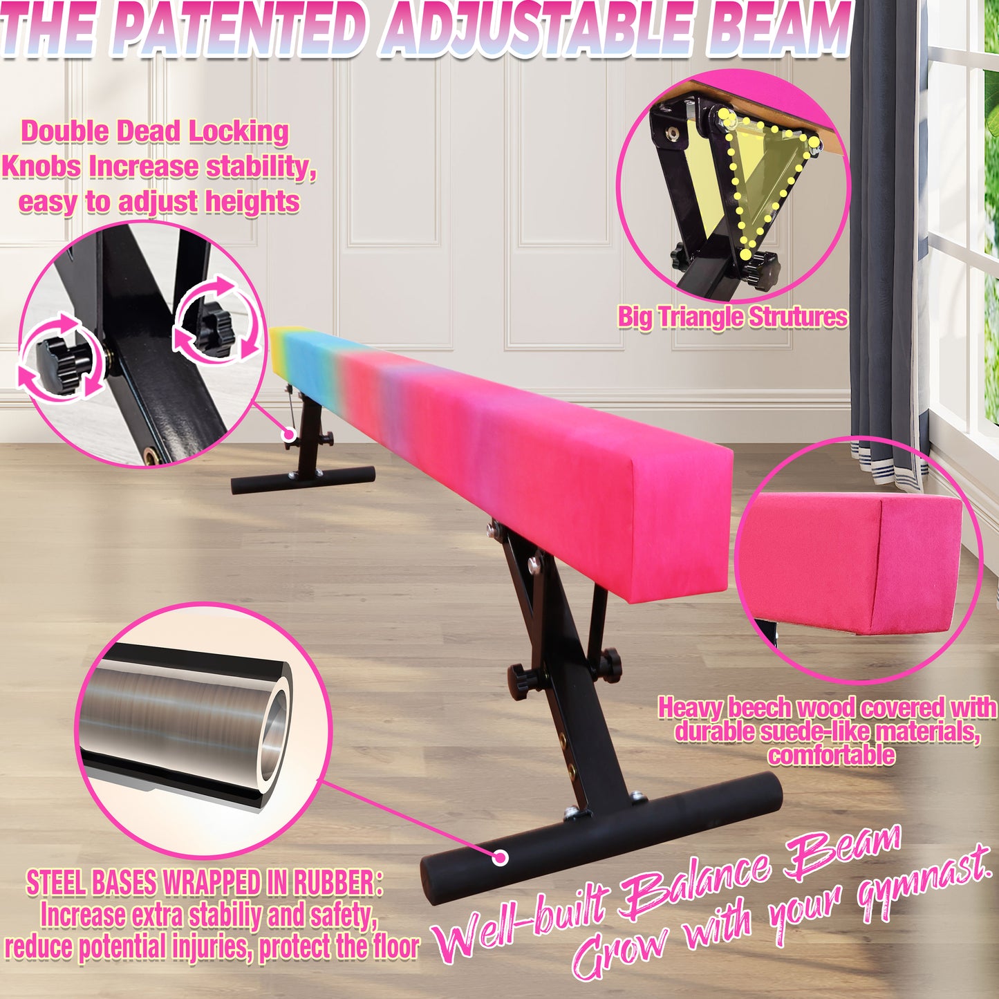 8ft Adjustable Balance Beam for Kids and Teenagers, Adjustable Heights 9"-17"