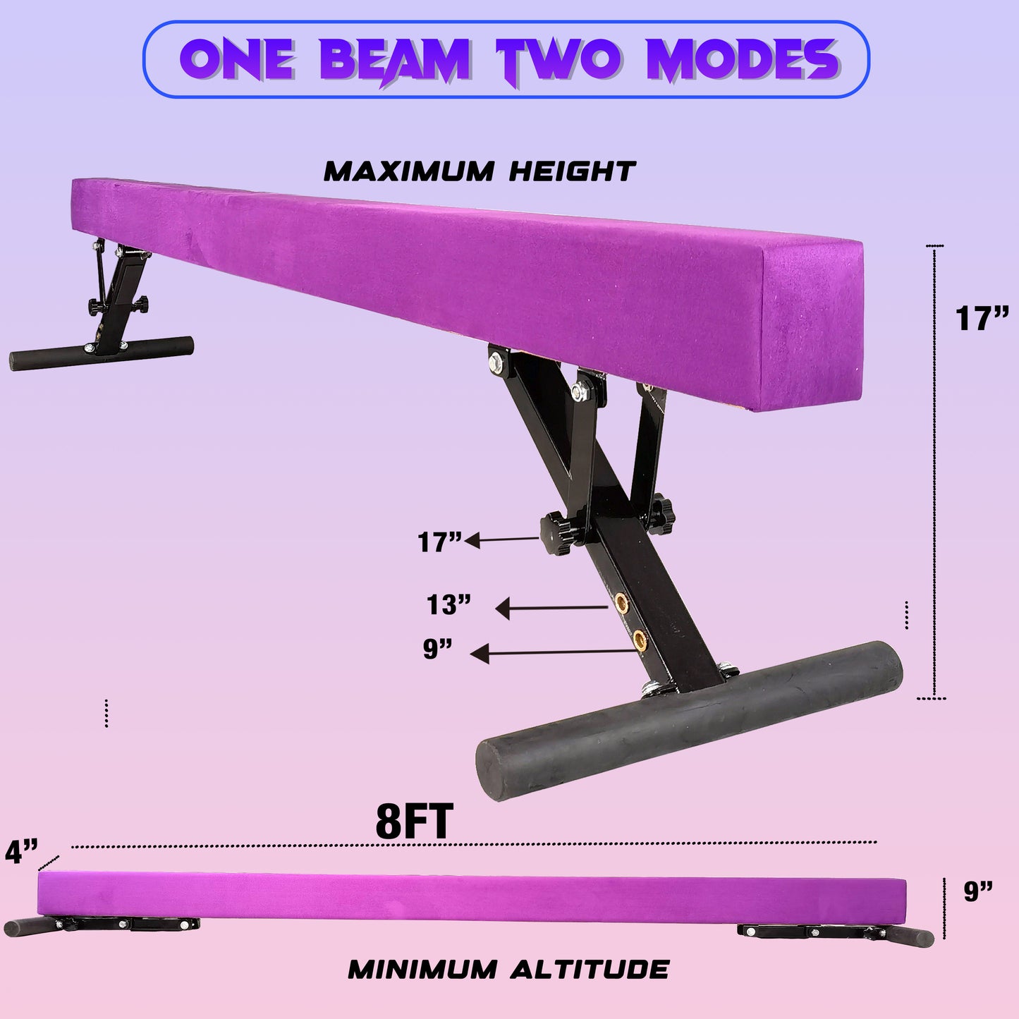 8ft Adjustable Balance Beam for Kids and Teenagers, Adjustable Heights 9"-17"