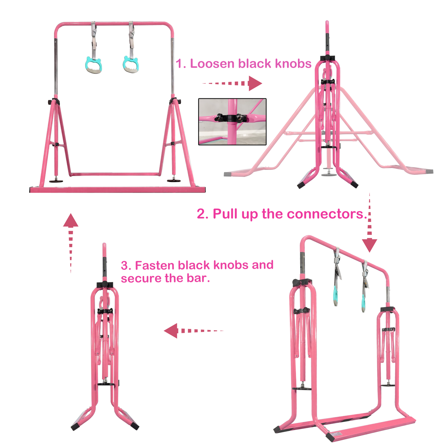 PreGymnastic Folding Gymnastics Bar with Mat for Kids Ages 3-8 Years Old with Rings in Pink