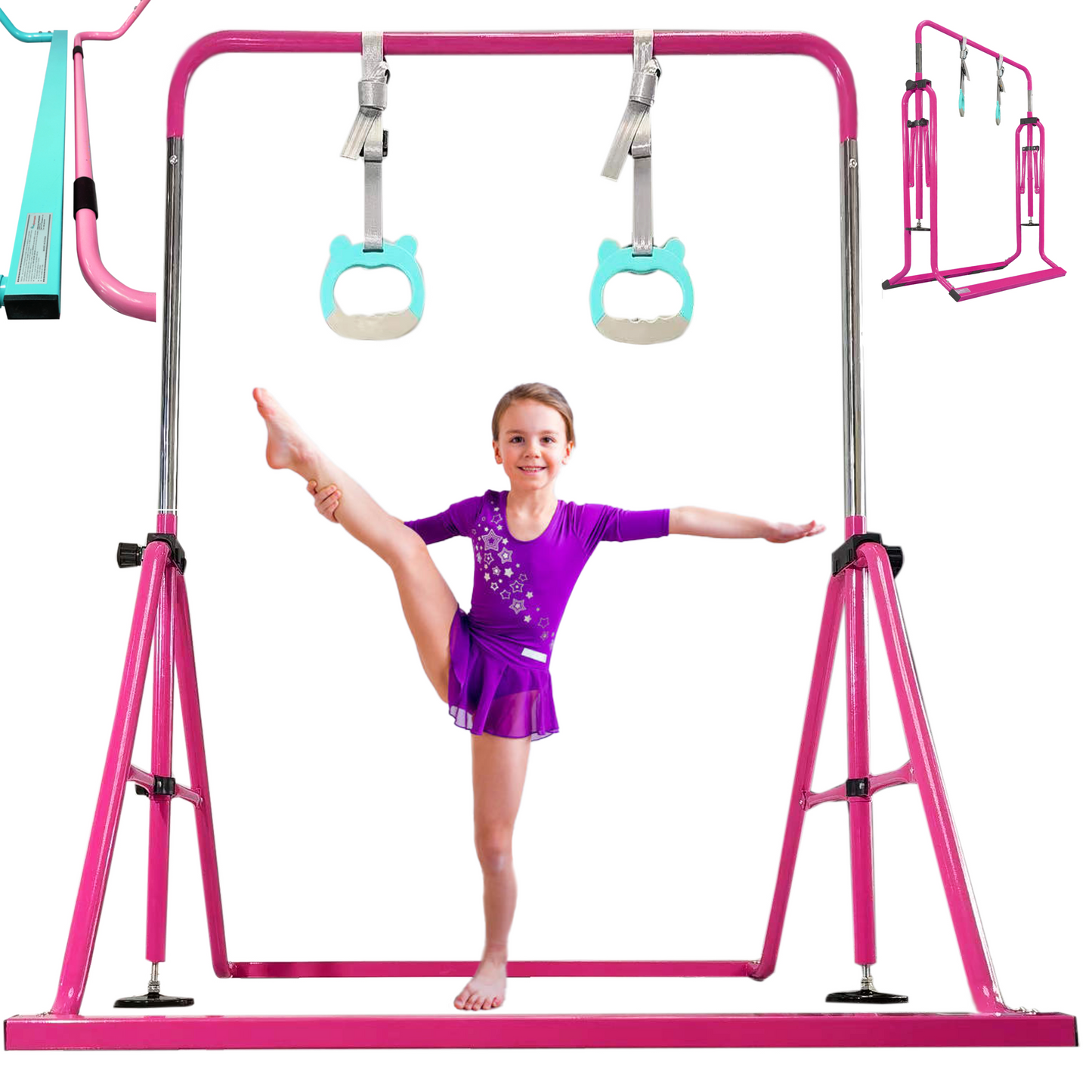 PreGymnastic Folding Gymnastics Bar for Kids Ages 3-8 Years Old with Rings in Hot Purple