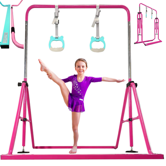 PreGymnastic Folding Gymnastics Bar for Kids Ages 3-8 Years Old with Rings in Hot Purple