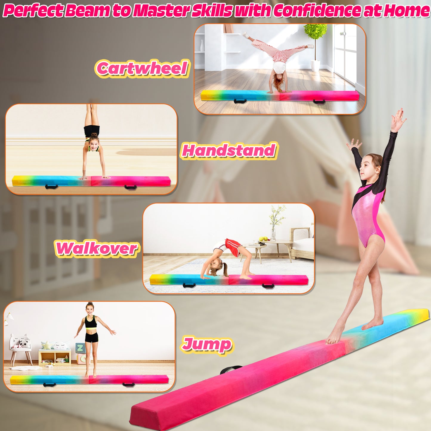 8 ft Folding Balance Beam for Kids, Gymnastics Beam