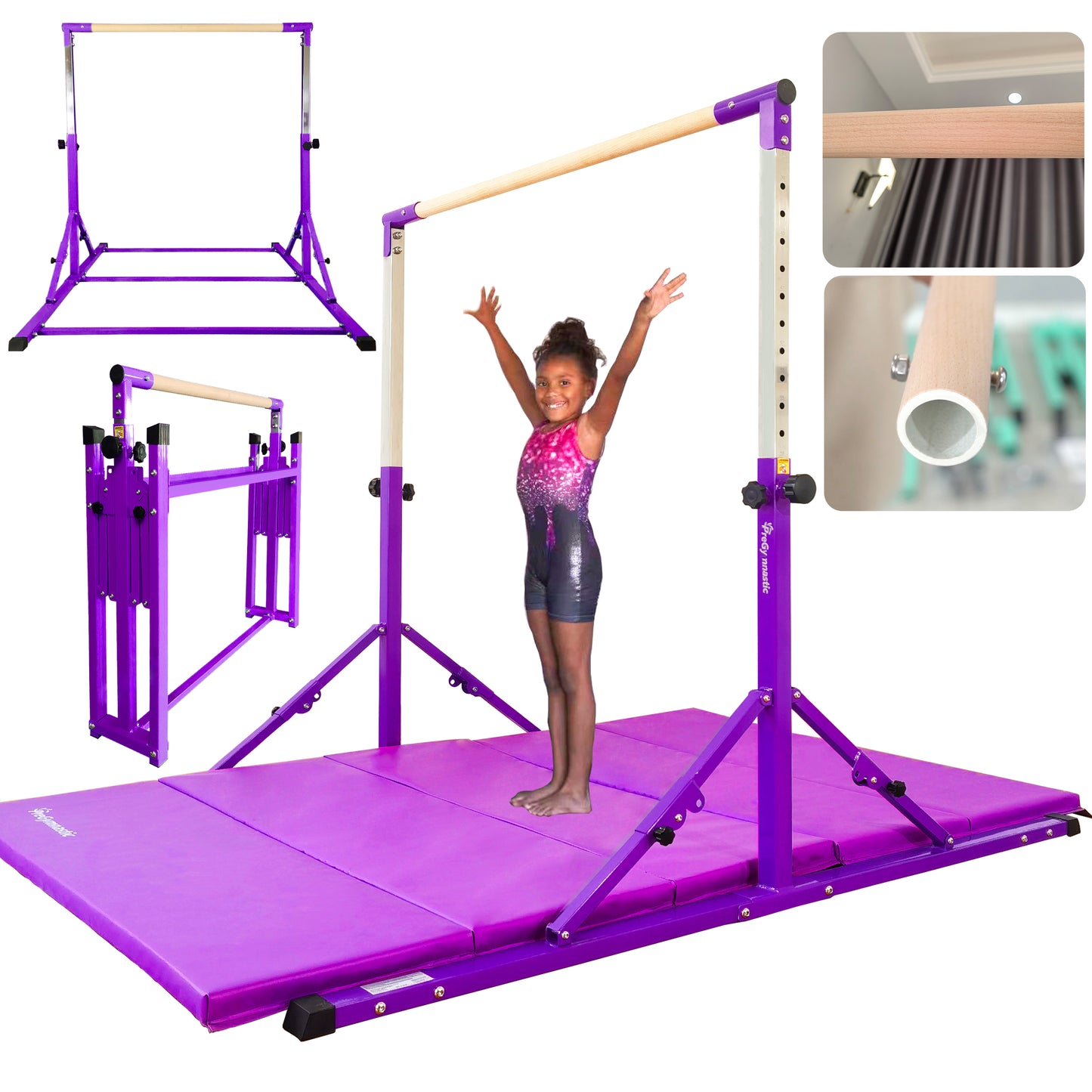 6 FT Foldable Gymnastics Bar with Mat for Kids and Teenagers Ages 3-18 in Violet