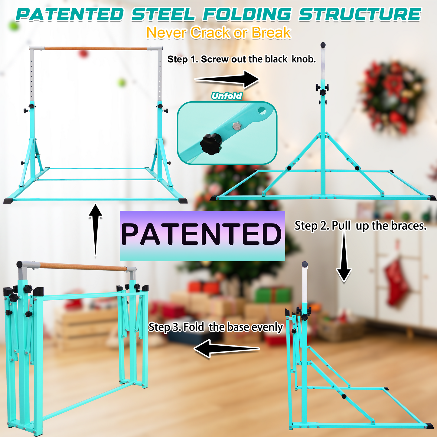 PreGymnastic Foldable Gymnastics Bar for Kids Ages 3-12 Years Old in Teal