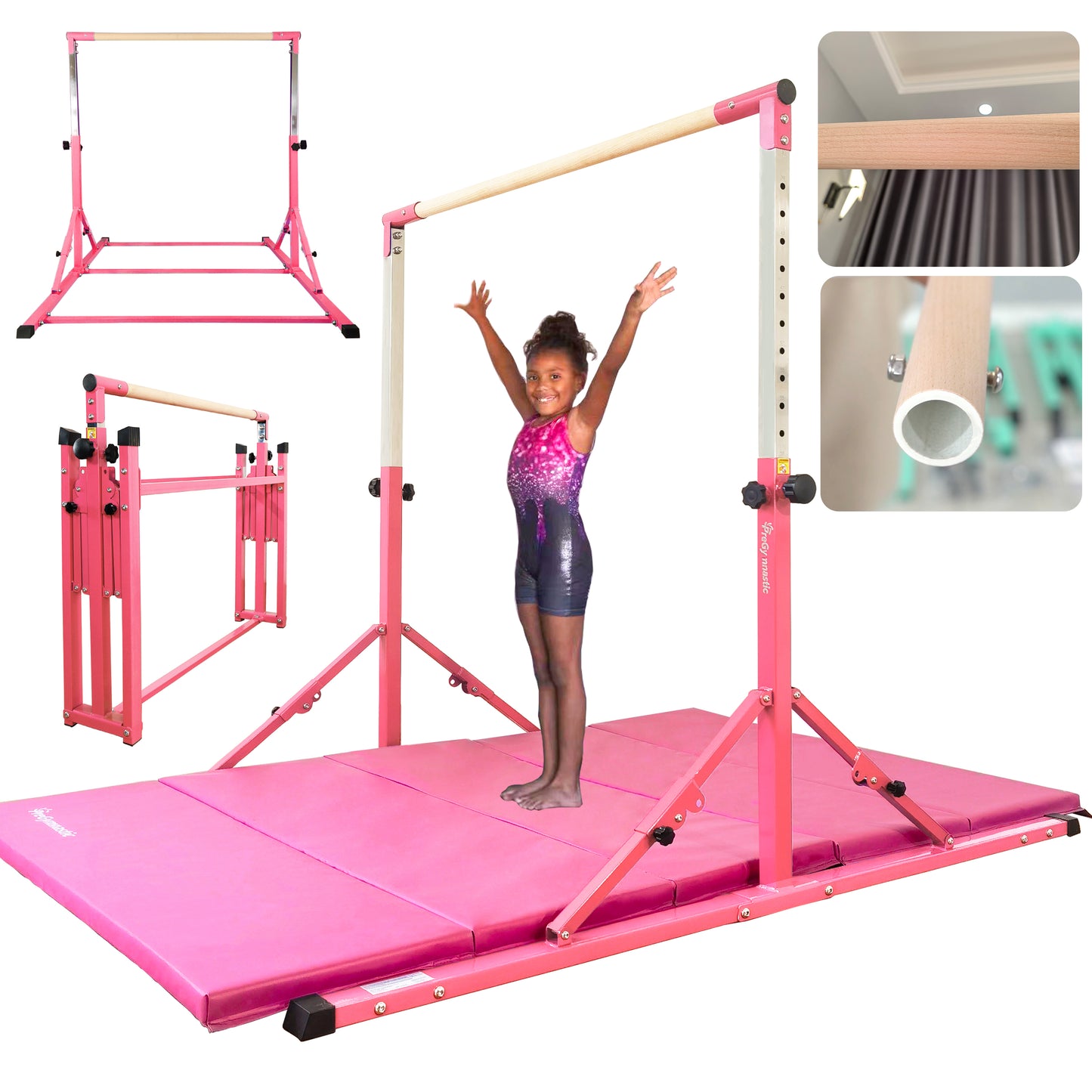6 FT Gymnastics Bar with Mat for Kids and Teenagers Ages 3-18 in Hot Pink