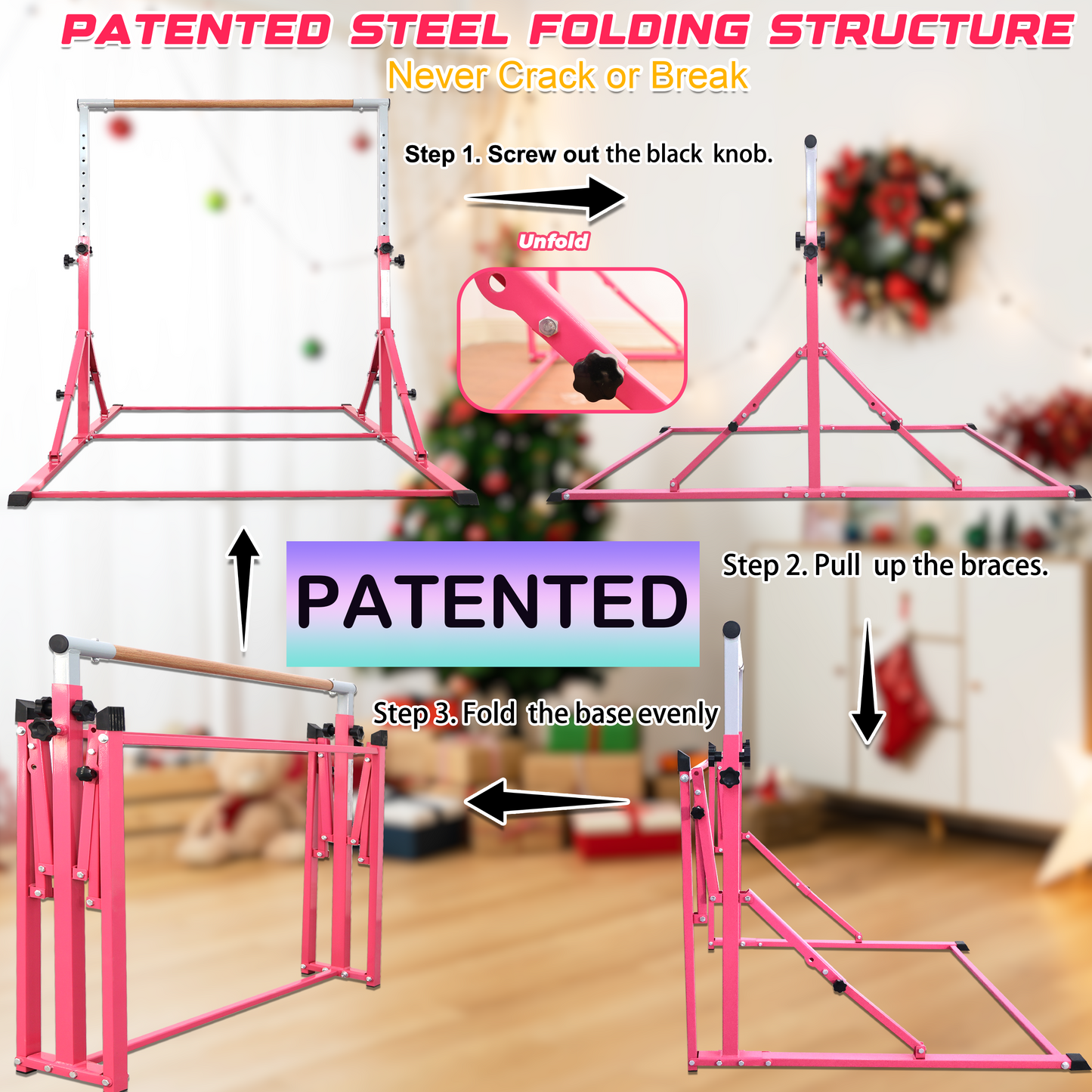 PreGymnastic Foldable Gymnastics Bar for Kids Ages 3-12 Years Old in Pink
