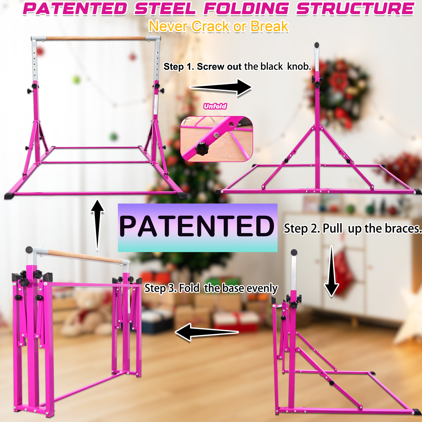 PreGymnastic Foldable Gymnastics Bar for Kids Ages 3-12 Years Old in Purple