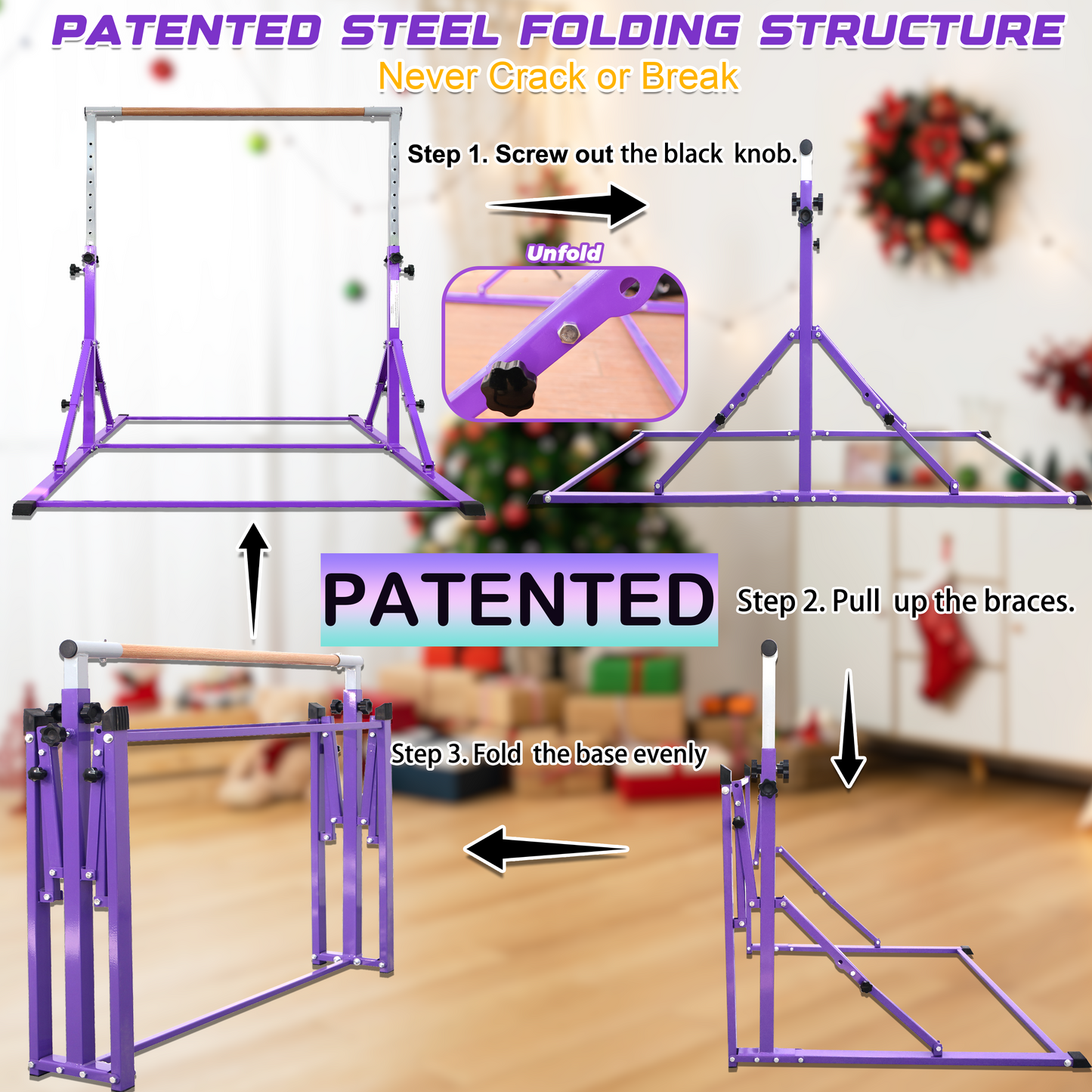 PreGymnastic Foldable Gymnastics Bar for Kids Ages 3-12 Years Old in Violet