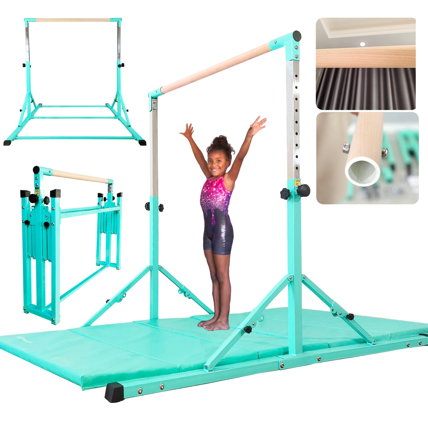 6 FT Foldable Gymnastics Bar with Mat for Kids and Teenagers Ages 3-18 In Teal