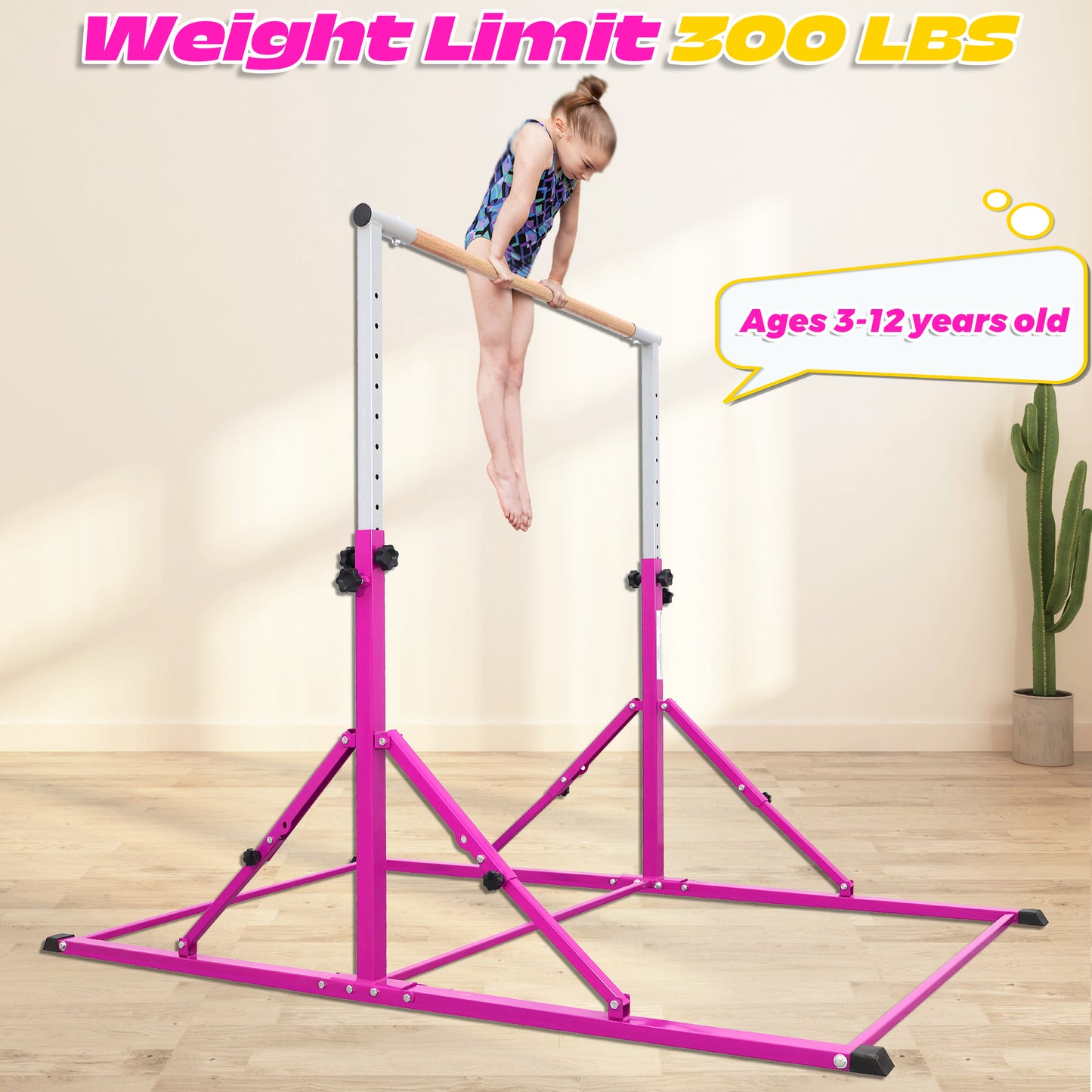 PreGymnastic Foldable Gymnastics Bar for Kids Ages 3-12 Years Old in Purple