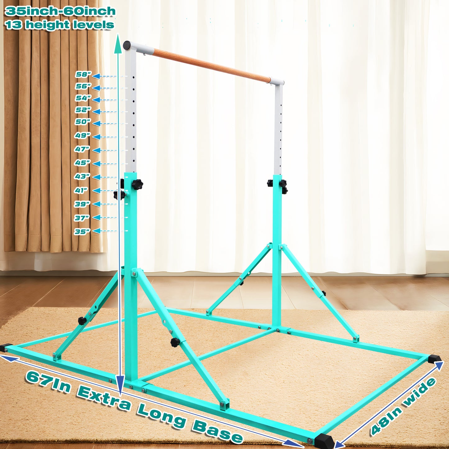 PreGymnastic Foldable Gymnastics Bar with Mat for Kids Ages 3-12 Years Old in Teal