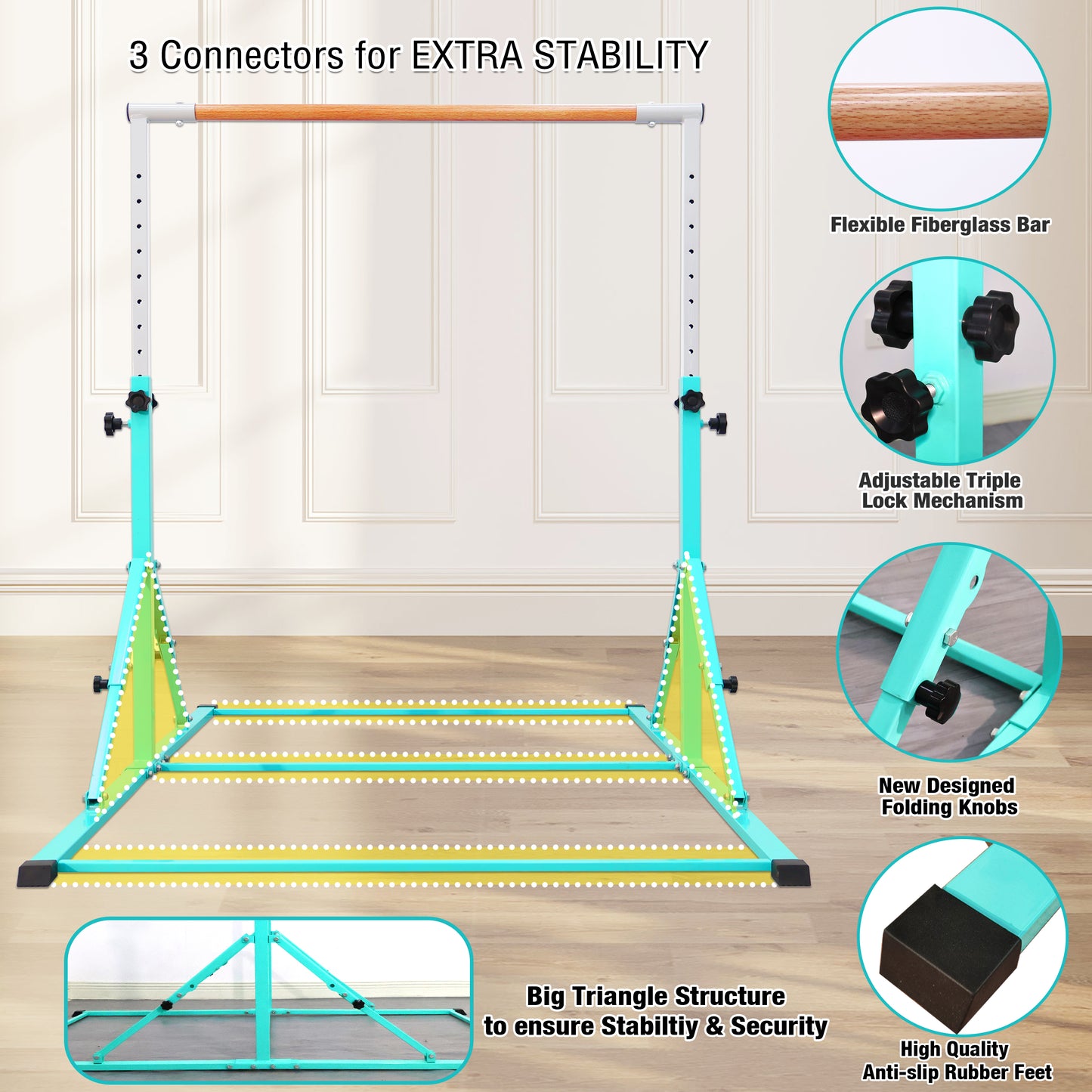 PreGymnastic Foldable Gymnastics Bar for Kids Ages 3-12 Years Old in Teal