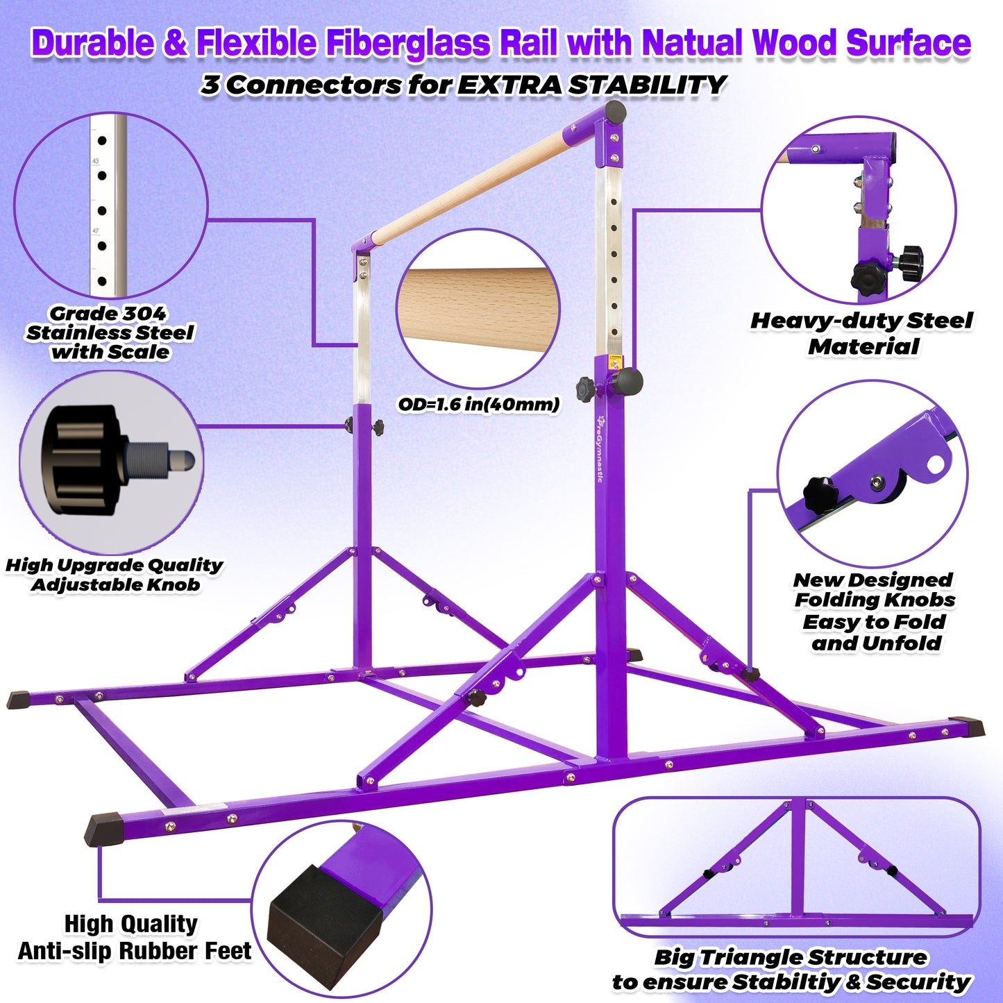 6 FT Foldable Gymnastics Bar for Kids and Teenagers Ages 3-18 in Violet