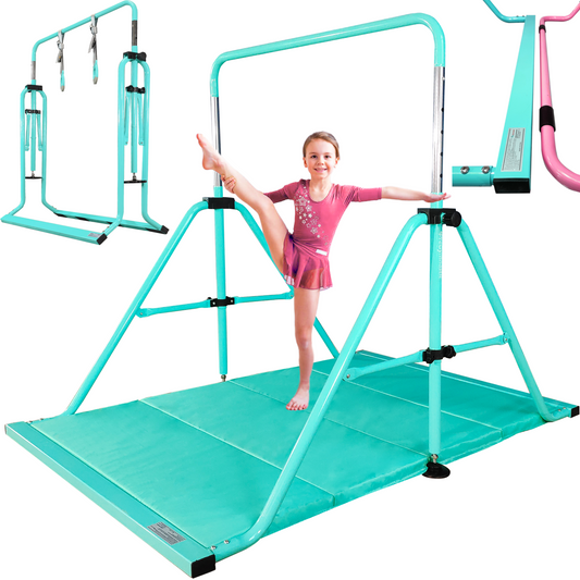 PreGymnastic Folding Gymnastics Bar with Mat for Kids Ages 3-8 Years Old with Rings in Teal