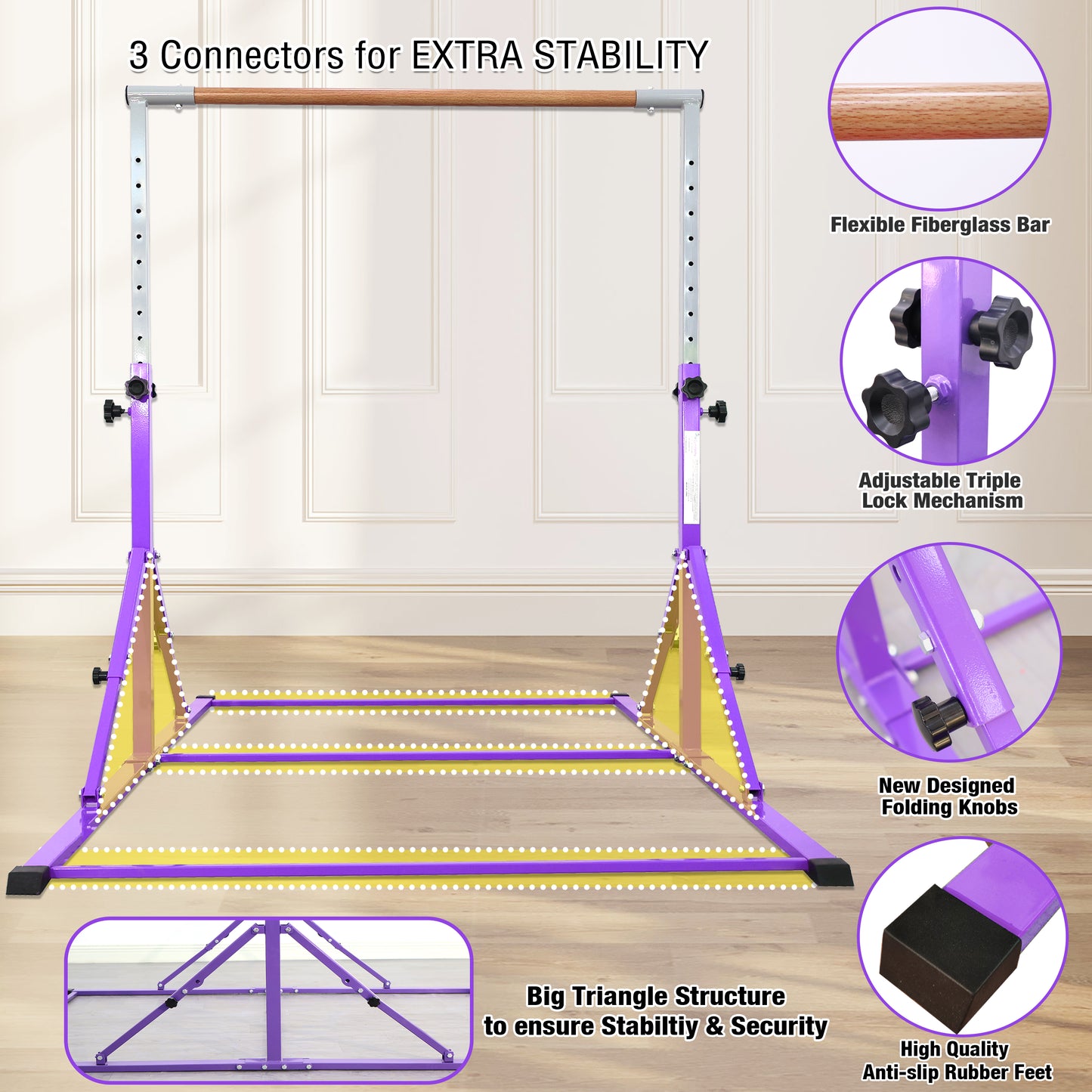 PreGymnastic Foldable Gymnastics Bar for Kids Ages 3-12 Years Old in Violet