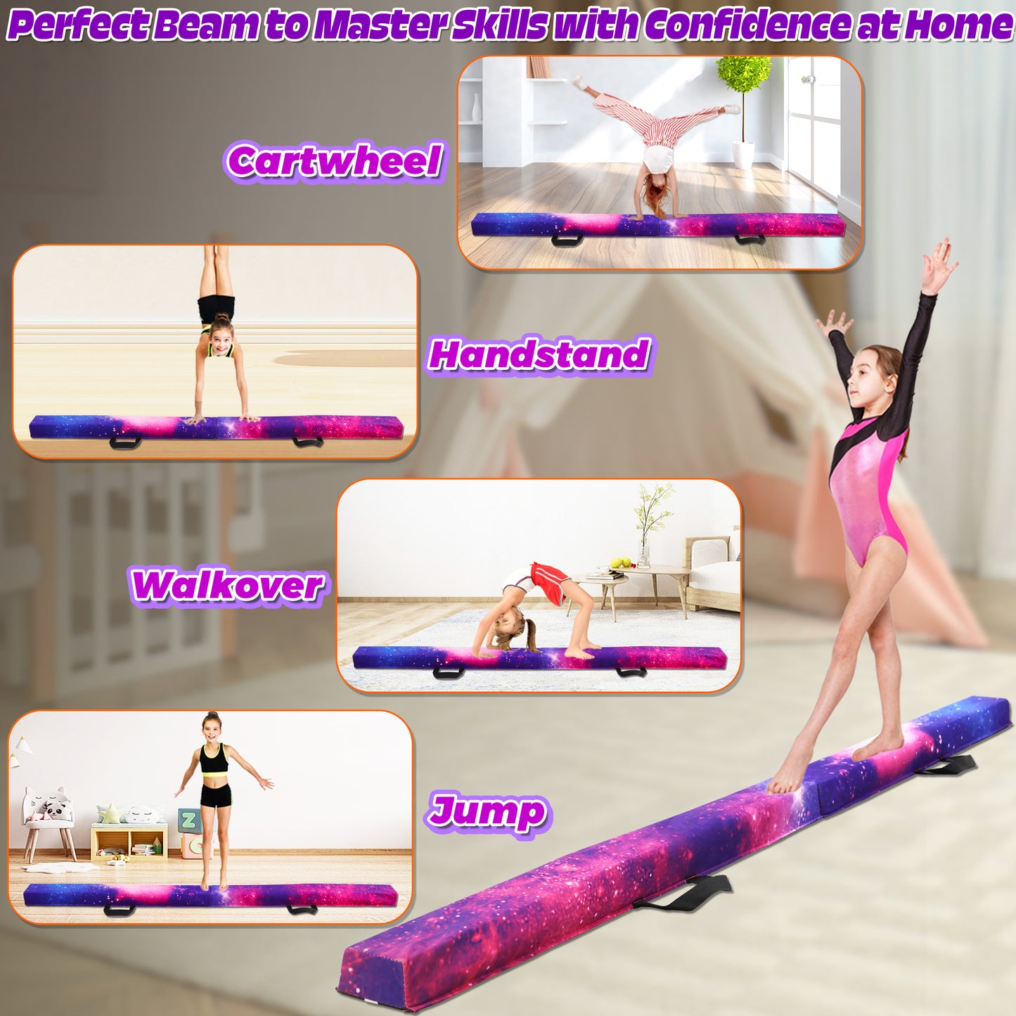 8 ft Folding Balance Beam for Kids, Gymnastics Beam