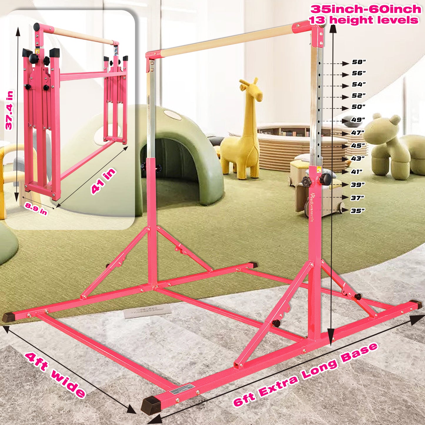 6 FT Gymnastics Bar with Mat for Kids and Teenagers Ages 3-18 in Hot Pink
