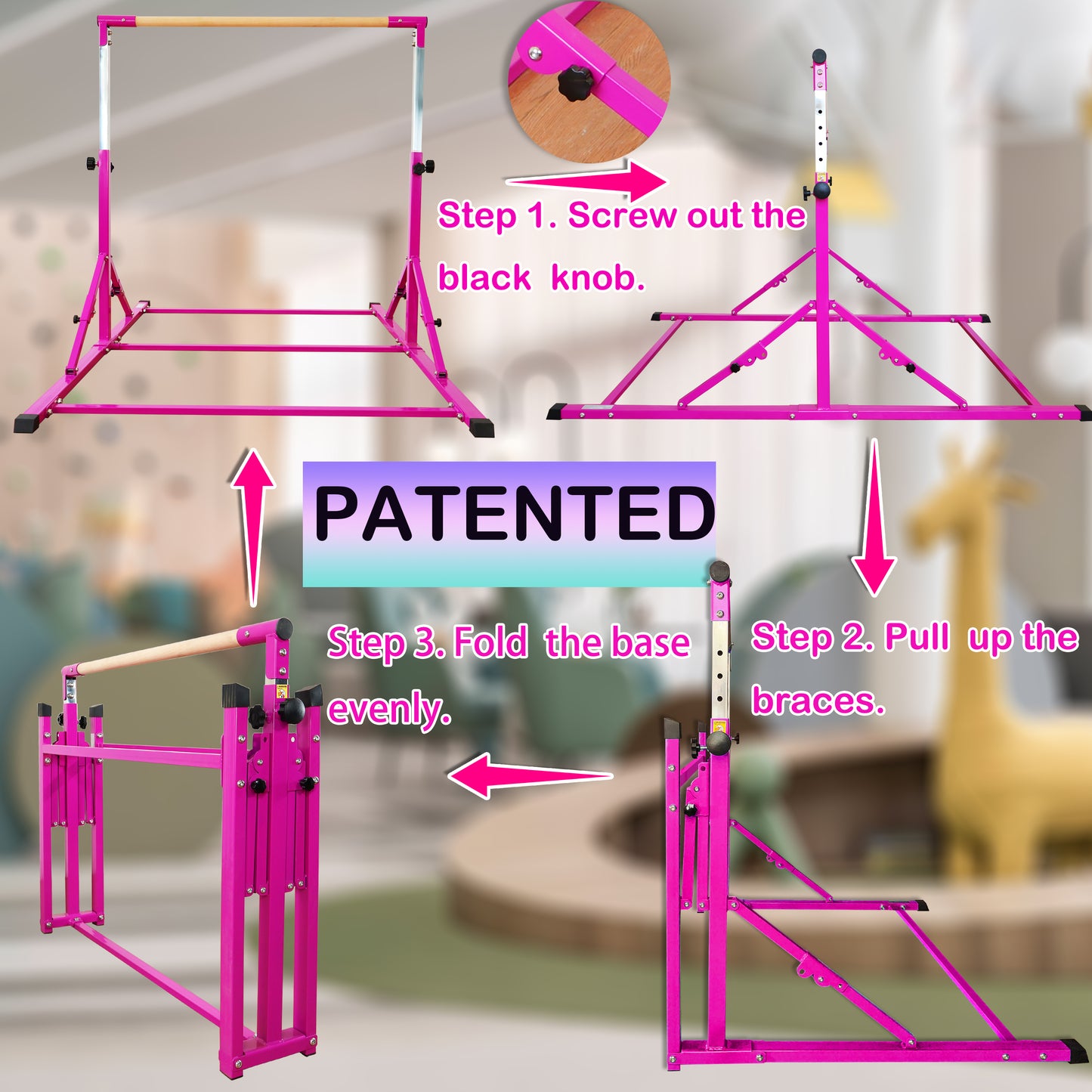 6 FT Foldable Gymnastics Bar for Kids and Teenagers Ages 3-18 in Purple