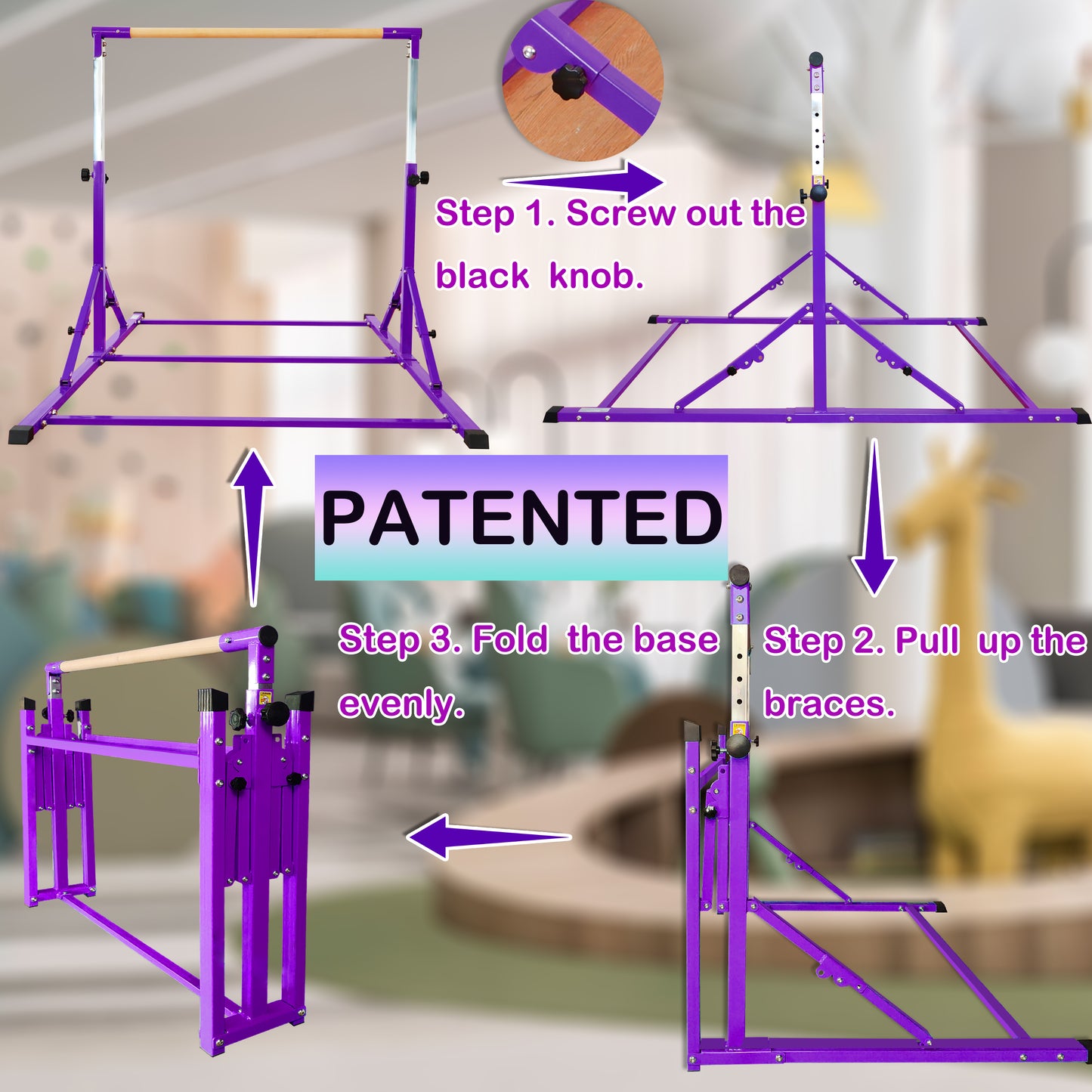 6 FT Foldable Gymnastics Bar for Kids and Teenagers Ages 3-18 in Violet