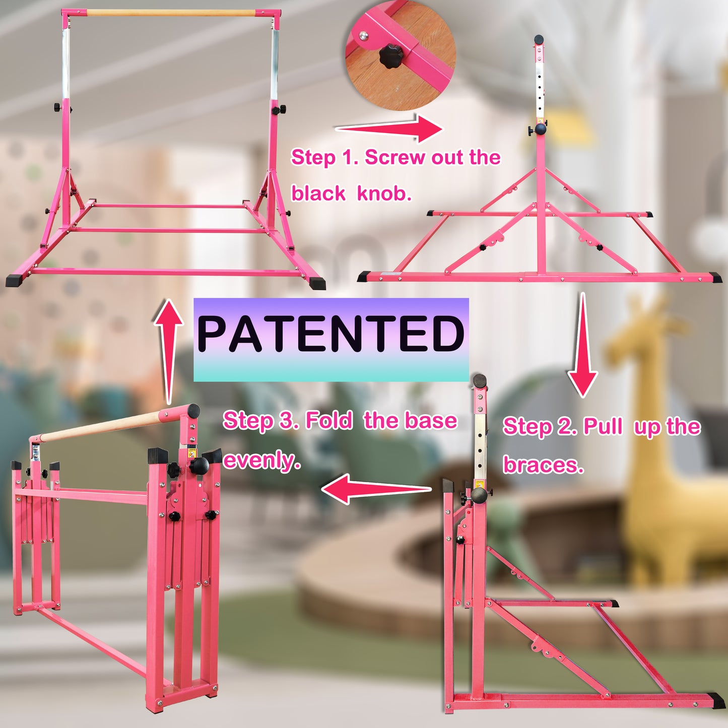 6 FT Foldable Gymnastics Bar for Kids and Teenagers 3-18 in Hot Pink