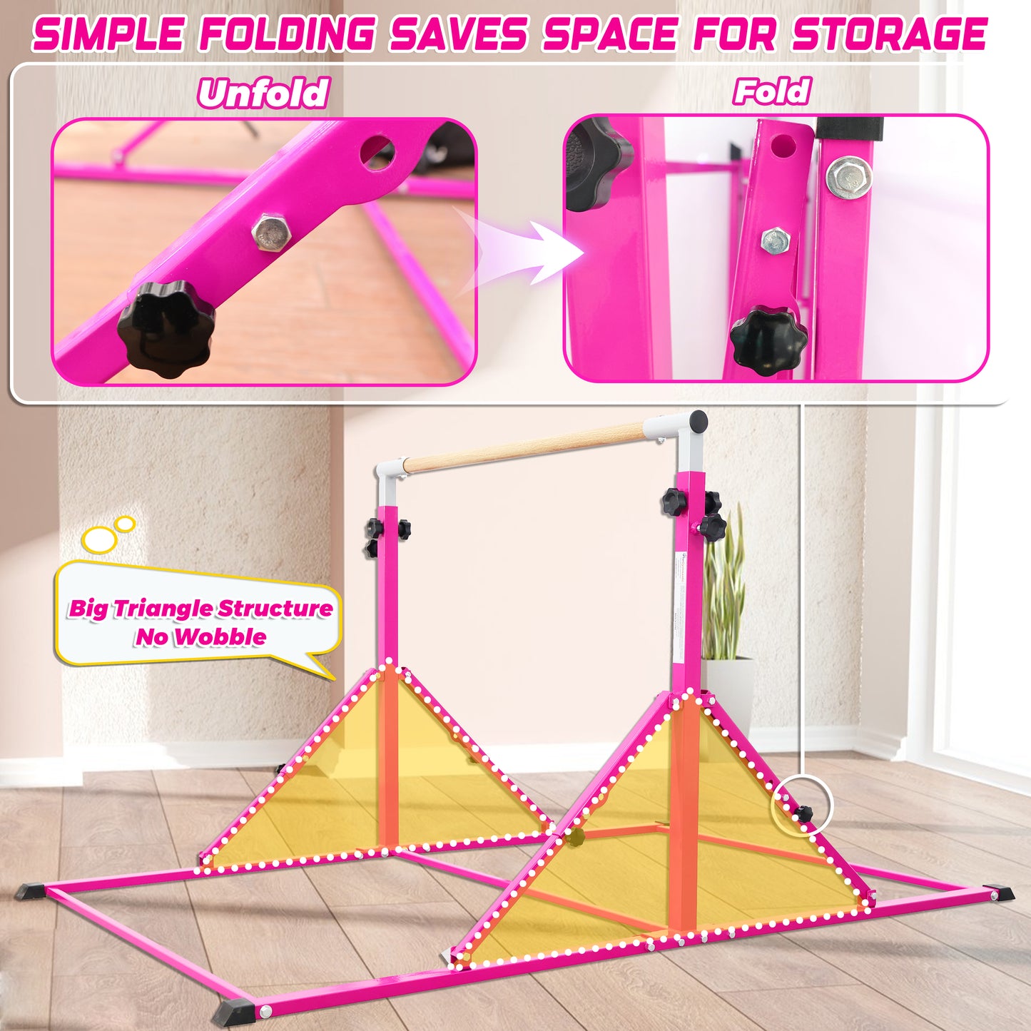 PreGymnastic Foldable Gymnastics Bar for Kids Ages 3-12 Years Old in Purple