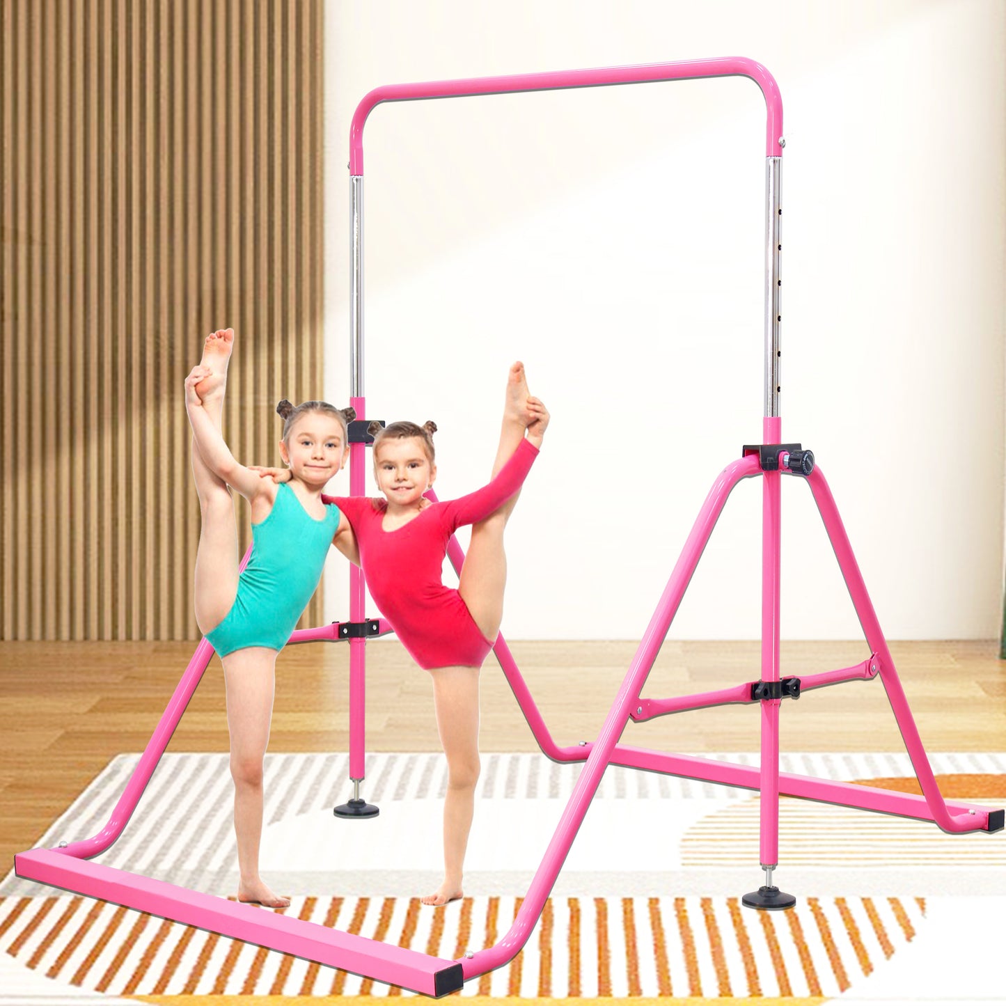 PreGymnastic Folding Gymnastics Bar with Mat for Kids Ages 3-8 Years Old with Rings in Pink