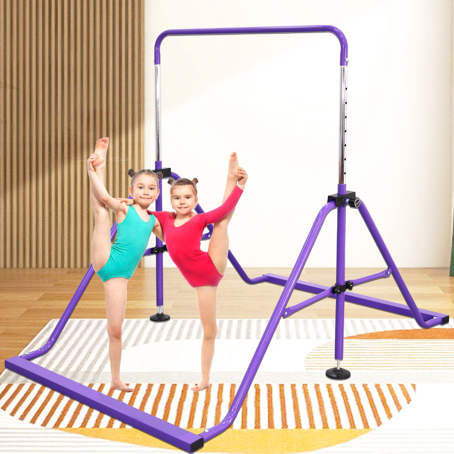 PreGymnastic Folding Gymnastics Bar for Kids Ages 3-8 Years Old with Rings in Violet
