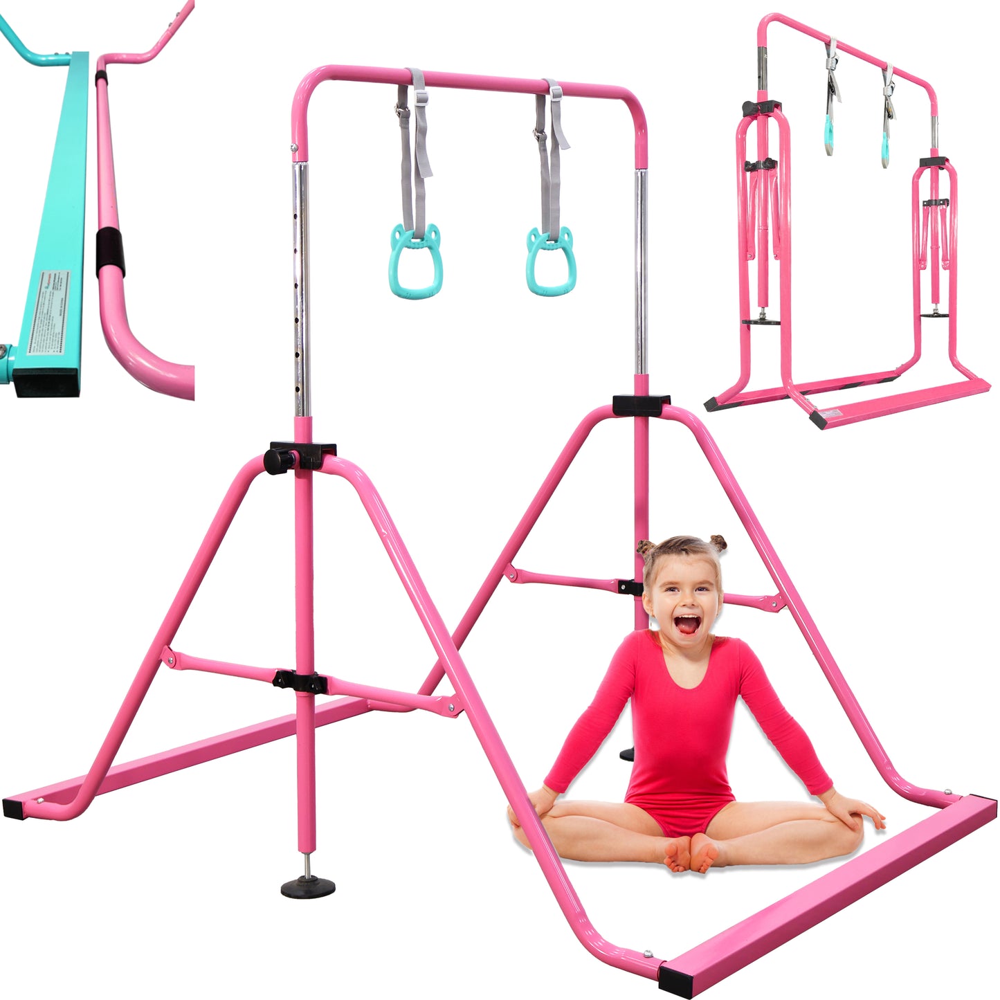 Folding Gymnastics Bar for Kids Ages 3-8 Years Old with Rings in Pink