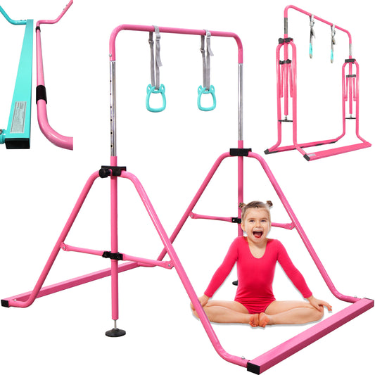 Folding Gymnastics Bar for Kids Ages 3-8 Years Old with Rings in Pink