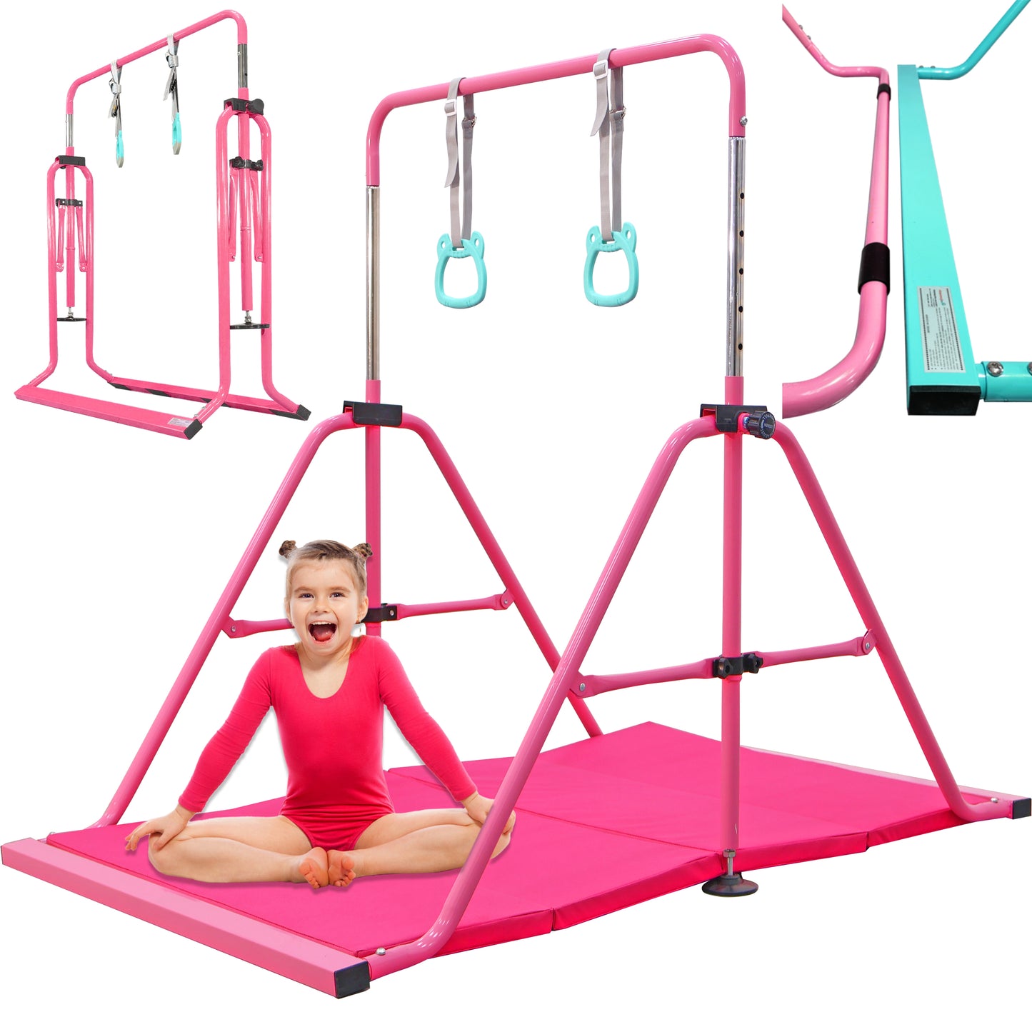 PreGymnastic Folding Gymnastics Bar with Mat for Kids Ages 3-8 Years Old with Rings in Pink