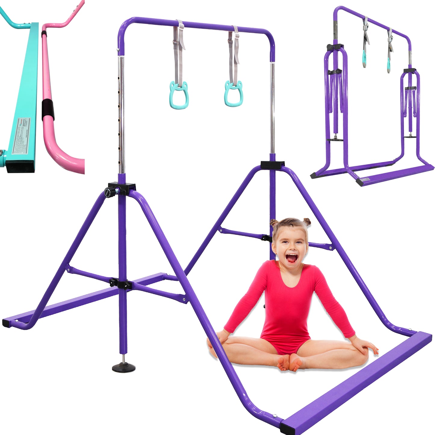 PreGymnastic Folding Gymnastics Bar for Kids Ages 3-8 Years Old with Rings in Violet