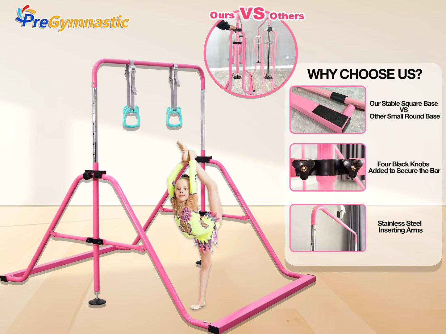 PreGymnastic Folding Gymnastics Bar with Mat for Kids Ages 3-8 Years Old with Rings in Pink