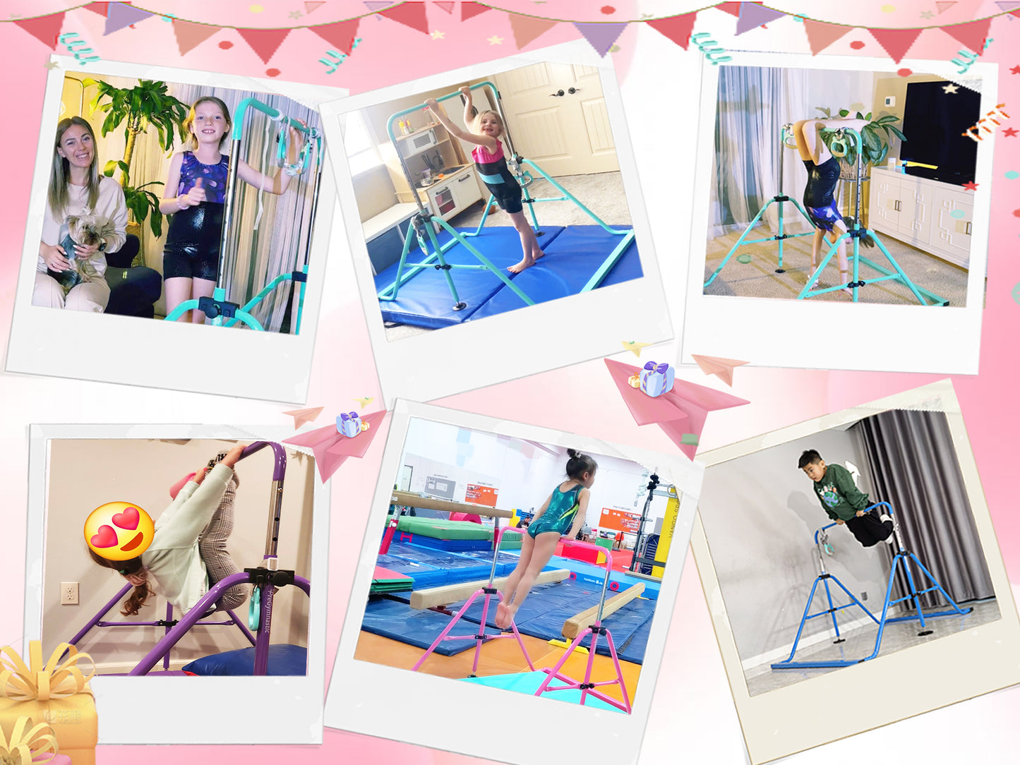 PreGymnastic Folding Gymnastics Bar with Mat for Kids Ages 3-8 Years Old with Rings in Teal