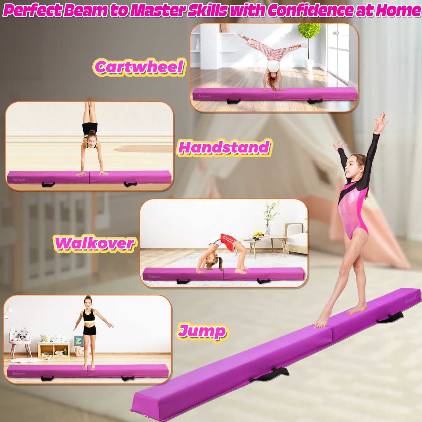 8 ft Folding Balance Beam for Kids, Gymnastics Beam