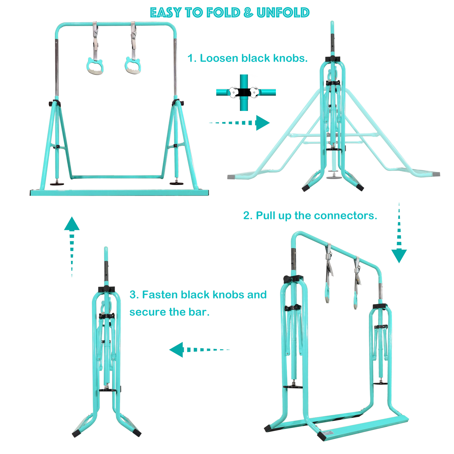 PreGymnastic Folding Gymnastics Bar with Mat for Kids Ages 3-8 Years Old with Rings in Teal