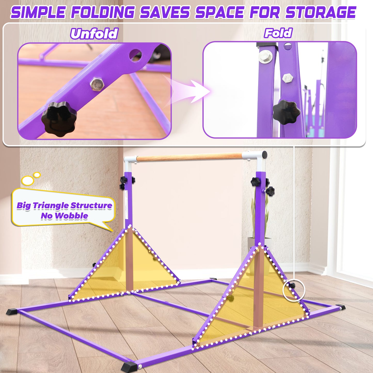 PreGymnastic Foldable Gymnastics Bar for Kids Ages 3-12 Years Old in Violet