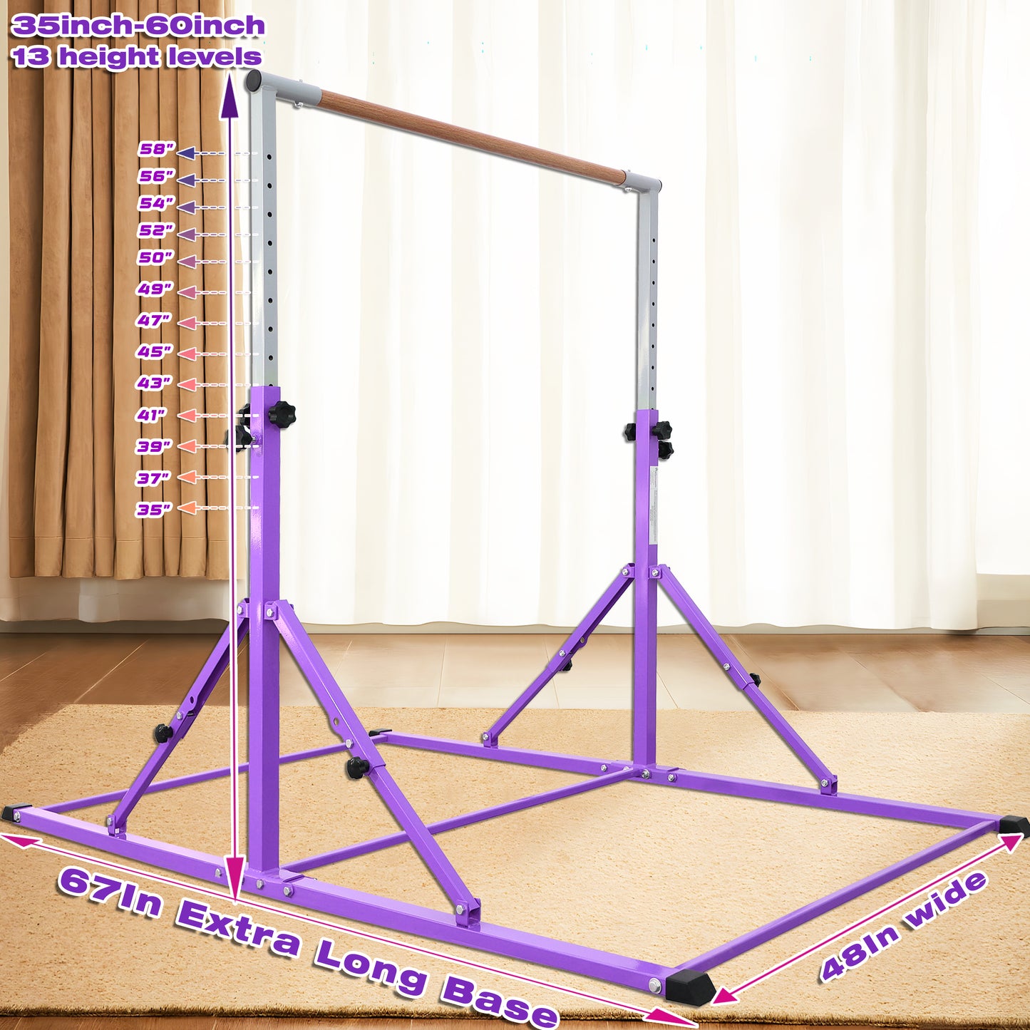 PreGymnastic Foldable Gymnastics Bar for Kids Ages 3-12 Years Old in Violet