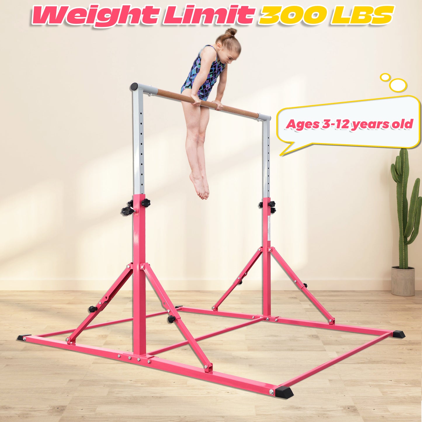 PreGymnastic Foldable Gymnastics Bar for Kids Ages 3-12 Years Old in Pink