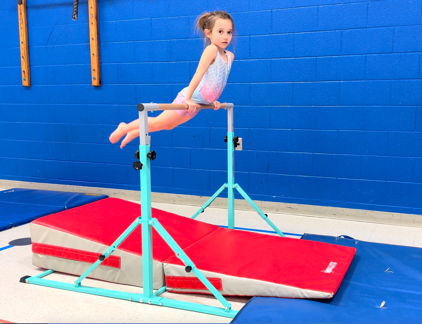 PreGymnastic Foldable Gymnastics Bar for Kids Ages 3-12 Years Old in Teal