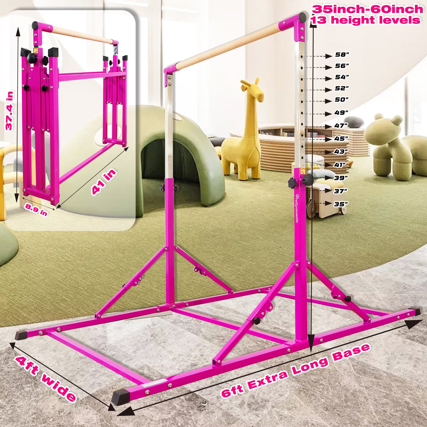 6 FT Foldable Gymnastics Bar for Kids and Teenagers Ages 3-18 in Purple
