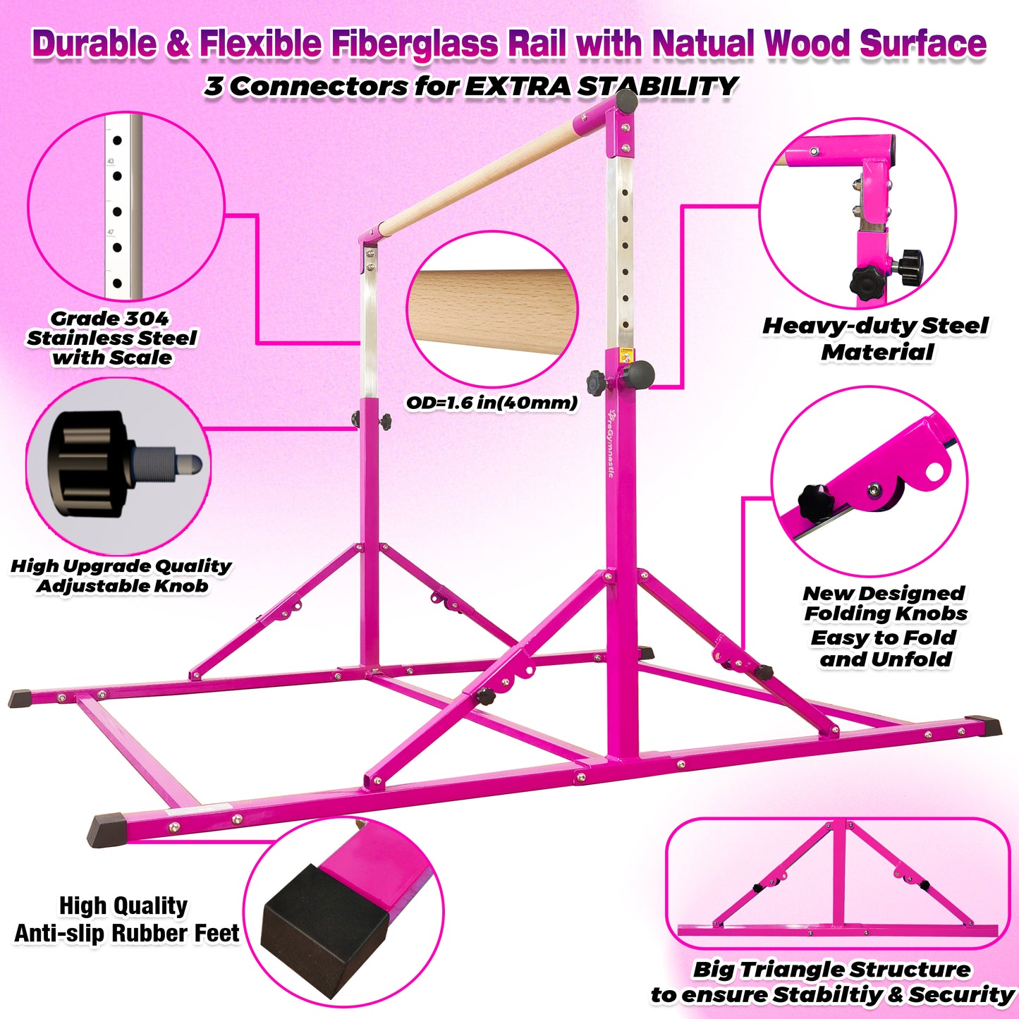 6 FT Foldable Gymnastics Bar for Kids and Teenagers Ages 3-18 in Purple