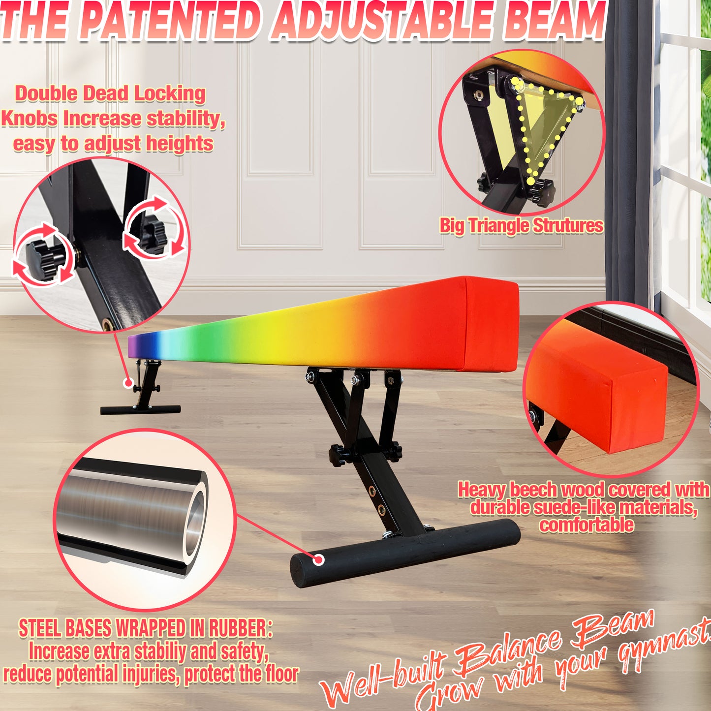 8ft Adjustable Balance Beam for Kids and Teenagers, Adjustable Heights 9"-17"