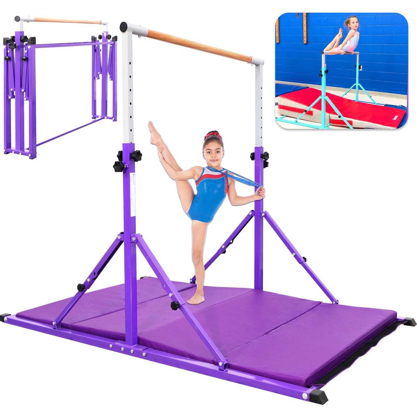 PreGymnastic Foldable Gymnastics Bar for Kids Ages 3-12 Years Old in Violet