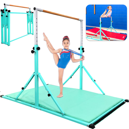 PreGymnastic Foldable Gymnastics Bar with Mat for Kids Ages 3-12 Years Old in Teal
