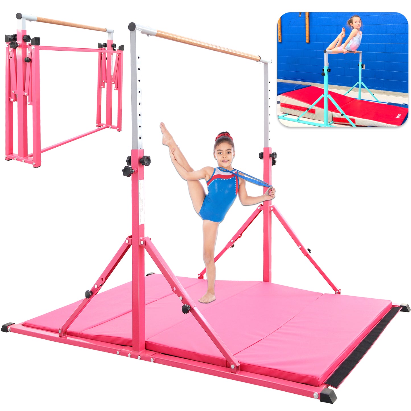 PreGymnastic Foldable Gymnastics Bar for Kids Ages 3-12 Years Old in Pink