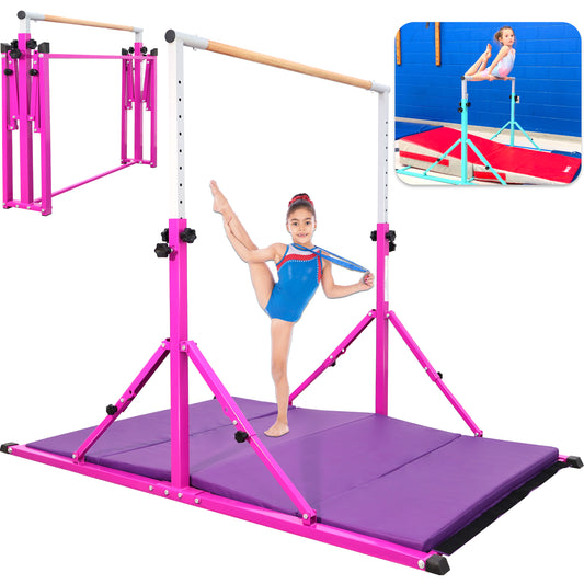PreGymnastic Foldable Gymnastics Bar with Mat for Kids Ages 3-12 Years Old in Purple